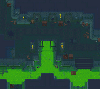 Pixel art dungeon scene with glowing green liquid, stone walls, crates, barrels, and torches on the walls.