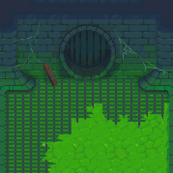 Pixel art of a sewer entrance with a barred grate, cracked brick wall, and green liquid below.