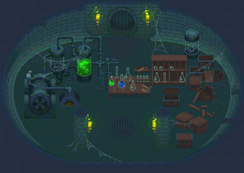Pixel art laboratory with glowing green liquid tanks, chemical flasks on tables, crates, and cobwebs in a dungeon room.