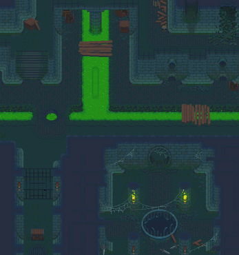 Pixel art dungeon with glowing green slime rivers, stone walls, wooden planks, and scattered debris.