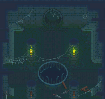 Pixel art dungeon room with stone walls, cobwebs, two glowing torches, and a large spiked pit in the center.