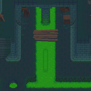 Pixel art sewer scene with glowing green water, stone walls, wooden planks forming a bridge, and scattered crates.