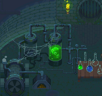 Pixel art laboratory with glowing green liquid in tanks, pipes, cobwebs, and glass beakers on a table.