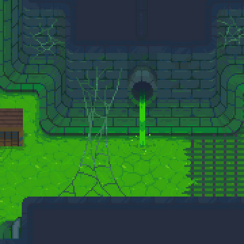 Pixel art sewer scene with green liquid flowing from a pipe, cracked walls, cobwebs, and a wooden crate.
