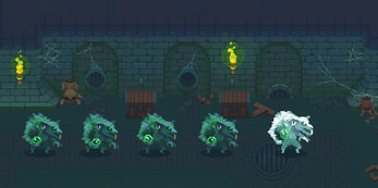 Pixel art scene of five mutant rats in a sewer with brick walls, torches, and cobwebs in the background.