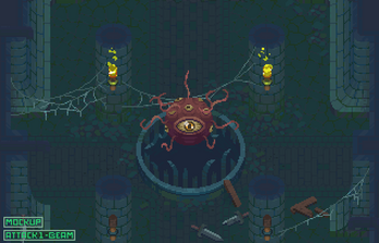Pixel art dungeon scene with a floating beholder monster, four pillars, torches, cobwebs, and scattered weapons.