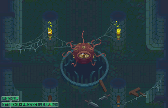 Pixel art dungeon scene with a floating beholder monster above a pit, surrounded by pillars, torches, and cobwebs.