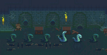 Pixel art scene of a sewer with giant blue-green snakes and small black rats on a stone floor.