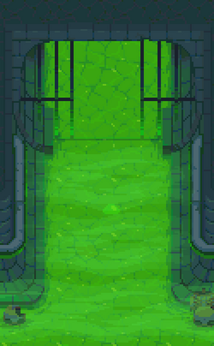 Pixel art of a sewer tunnel with bright green liquid flowing through a barred gate and down the floor.