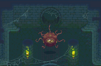 Pixel art of a floating beholder monster with tentacles in a dark stone dungeon with cobwebs and glowing torches.