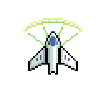 Pixel art spaceship with blue cockpit and glowing yellow front shield on a black background