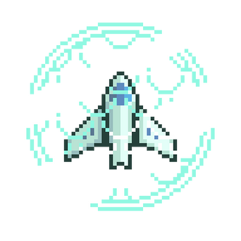 Pixel art spaceship with blue accents inside a glowing, honeycomb-patterned round shield