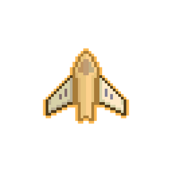Pixel art spaceship with yellow and beige colors, viewed from above, on a transparent background