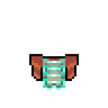 Pixel art spaceship engine with glowing blue core and orange side thrusters emitting bursts of light