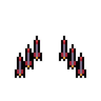 Pixel art animation of six rockets launching in two angled rows against a transparent background