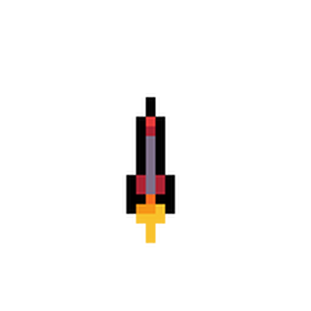 Pixel art rocket projectile with a red tip and yellow exhaust flame on a black background