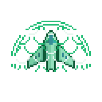 Pixel art spaceship with green front and side energy shields forming a semicircle around it