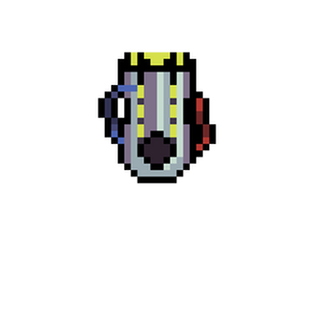 Pixel art of a top-down spaceship with a large central cannon and colored accents on each side