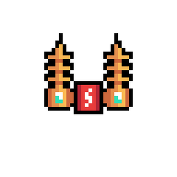 Pixel art of two orange sci-fi ship weapons with a red module between them on a black background.