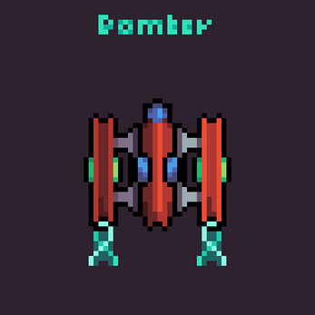 Pixel art bomber spaceship with red wings and blue highlights, viewed from above on a dark background.
