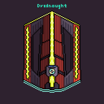 Pixel art of a large, symmetrical spaceship with red and gray panels, yellow lights, and the word 'Dreadnought' above.