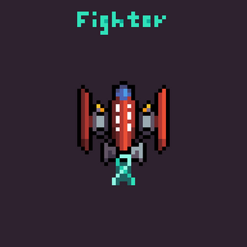 Pixel art of a red and gray spaceship labeled 'Fighter' on a dark background.
