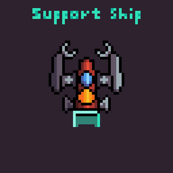 Pixel art spaceship with mechanical arms and a blue core, labeled 'Support Ship' above.