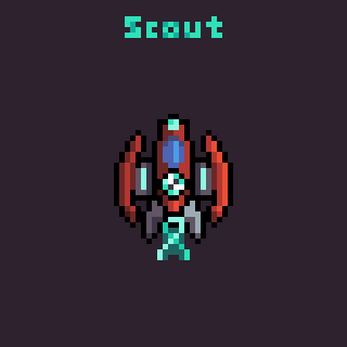 Pixel art spaceship with red wings and blue cockpit labeled 'Scout' on a dark background.