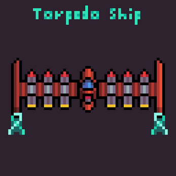Pixel art of a spaceship with six torpedoes and blue accents, labeled 'Torpedo Ship' above.