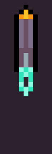 Pixel art torpedo with a gray body, orange tip, and cyan fins on a dark background