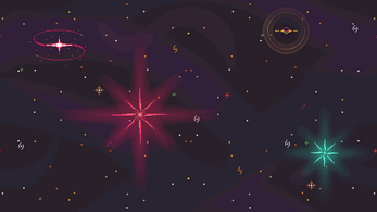 Pixel art starry sky with glowing red and blue stars, swirling patterns, and small colored dots on a dark background