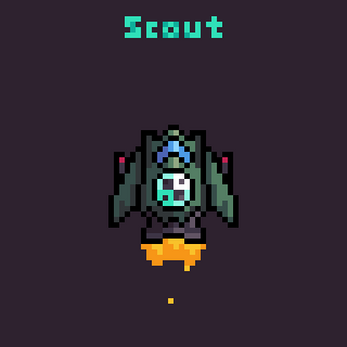 Pixel art spaceship labeled 'Scout' with blue accents and orange thruster flames on a dark background.