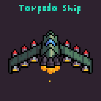 Pixel art spaceship with red torpedoes and orange thrusters, labeled 'Torpedo Ship' above.