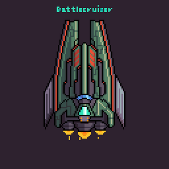 Pixel art battlecruiser spaceship with green and red accents, blue cockpit, and yellow thrusters on dark background.