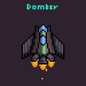 Pixel art bomber spaceship with blue cockpit and flames from engines on a dark background