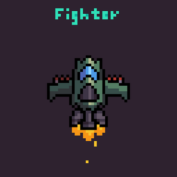 Pixel art spaceship labeled 'Fighter' with blue cockpit and orange thruster flames on a dark background.