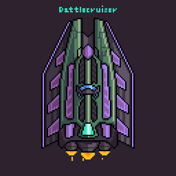 Pixel art of a large, angular spaceship with purple and green accents and glowing thrusters below.