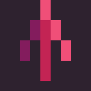 Pixel art of a red and pink spaceship with a vertical orientation on a dark background