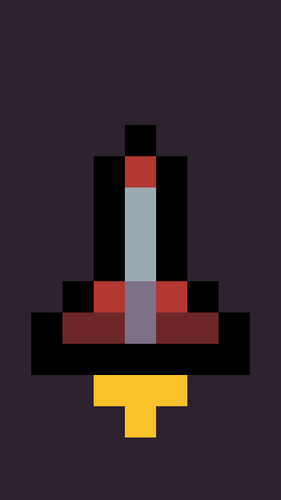 Pixel art rocket with red, gray, and black body and yellow flame on a dark background