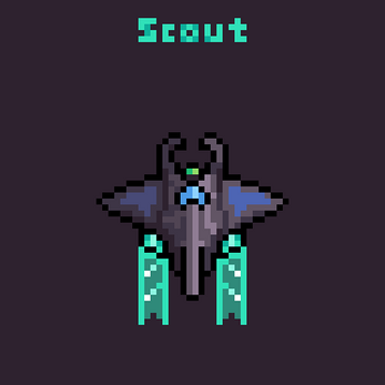 Pixel art spaceship labeled Scout with teal thrusters on a dark background.