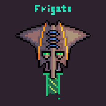 Pixel art spaceship with wide wings, central cockpit, and green thruster trail on dark background. Text reads 'Frigate' above.
