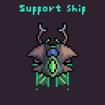 Pixel art of a support spaceship with green and brown colors, glowing accents, and antennae-like structures.
