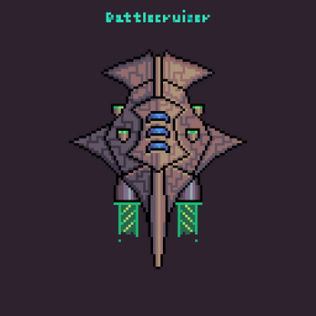 Pixel art battlecruiser spaceship with angular wings and glowing green thrusters on a dark background.