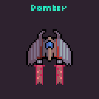 Pixel art bomber spaceship with red thrusters and blue cockpit on a dark background, text 'Bomber' above.