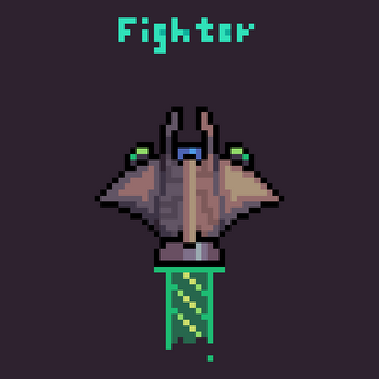 Pixel art spaceship labeled Fighter, firing a green laser downward on a dark background.