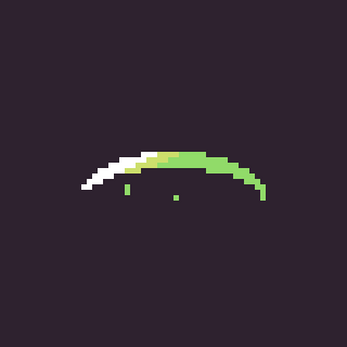 Pixel art green and white wave arc on a dark purple background, with two small green dots below it.