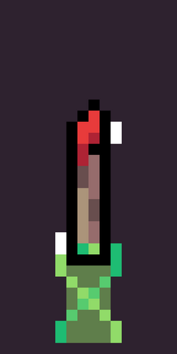 Pixel art rocket with a green base and red tip on a dark background, viewed from the side.