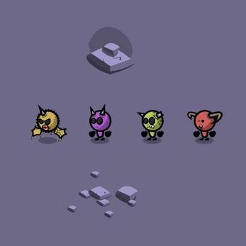 Four cartoonish 2D monster characters and stone tiles on a purple background, in a vector art style.