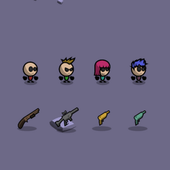 Four cartoon-style 2D game characters above four different guns on a purple background