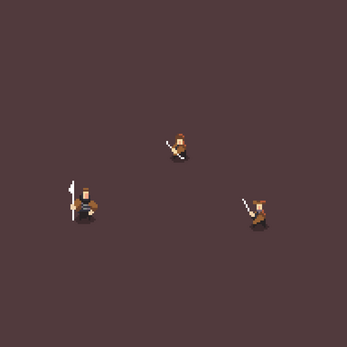 Pixel art animation of three armed characters on a dark background, each wielding a different weapon.